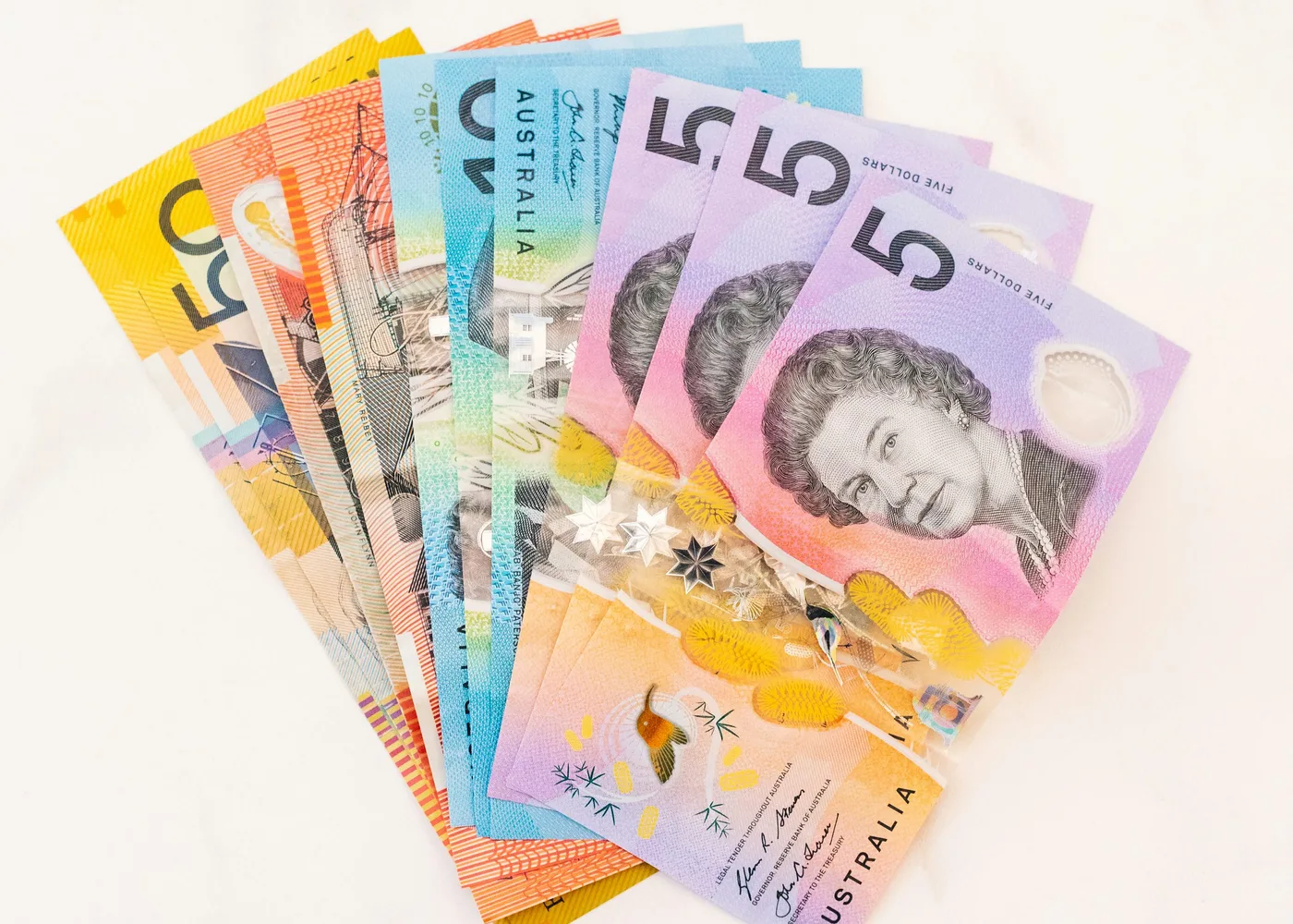 Australian five, ten, twenty and fifty dollar banknotes